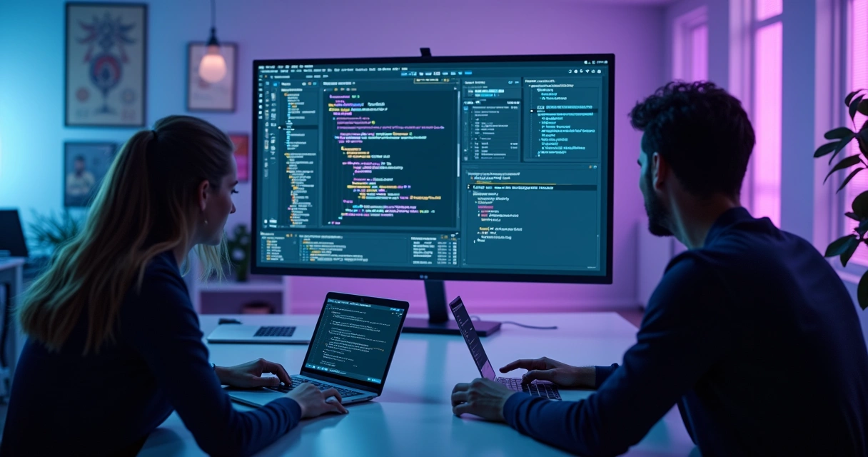 Equipe programando em ambiente cloud com painel de IA 