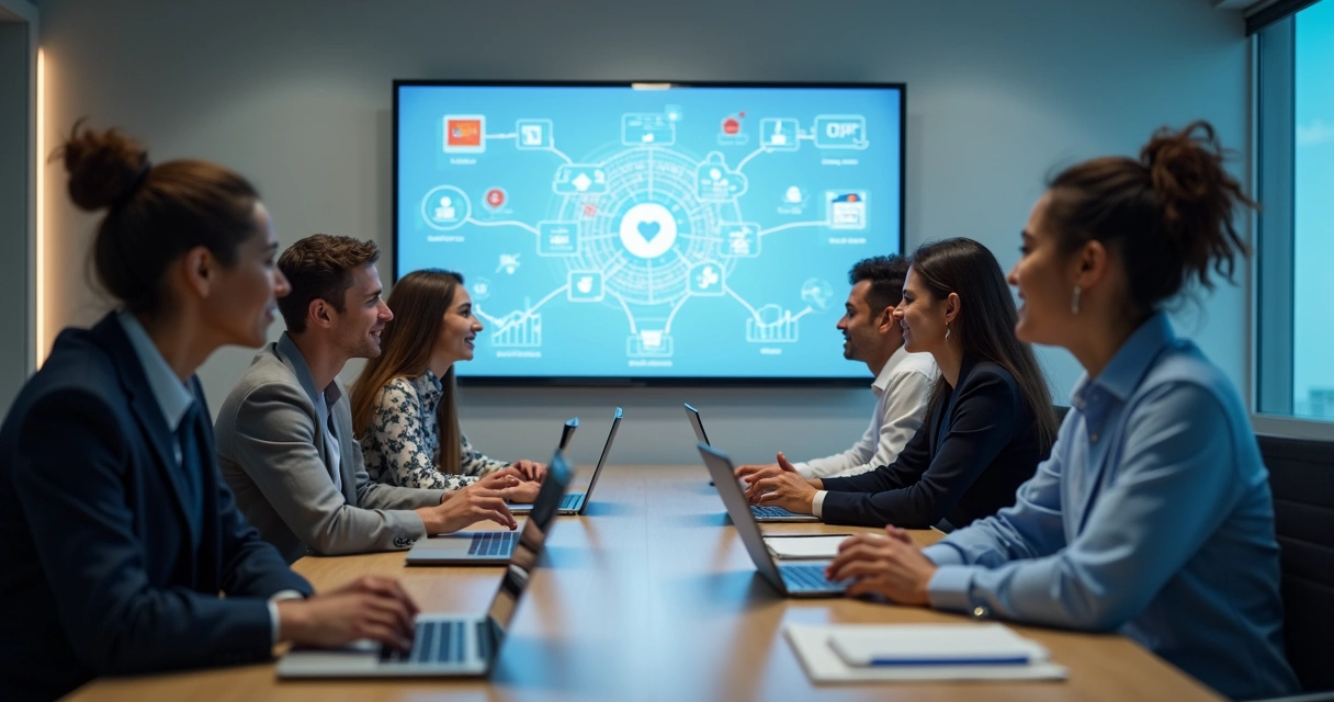 Equipe reunida projetando ambiente digital colaborativo em uma sala de reuniões moderna 