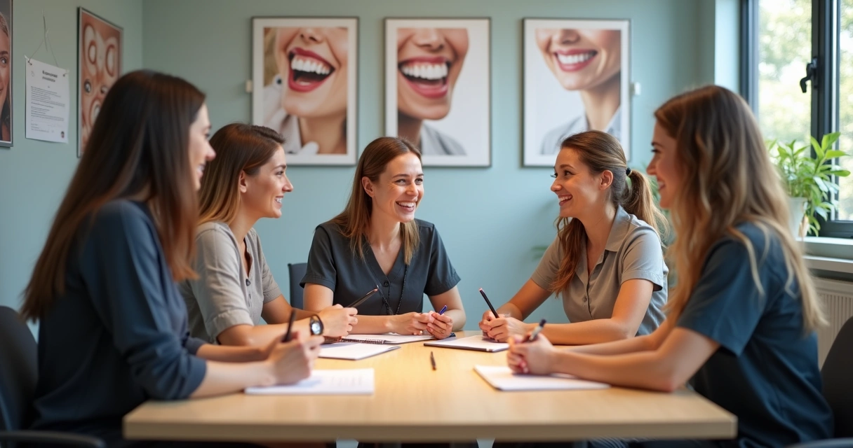 Equipe de recepção de clínica odontológica em treinamento com consultor 