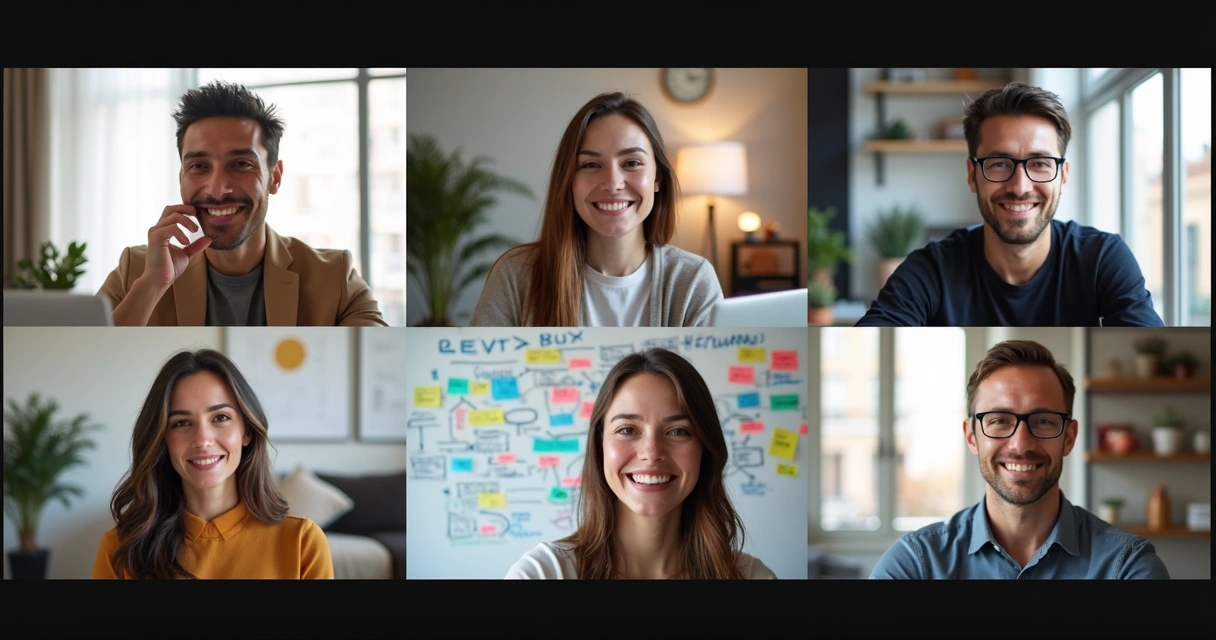 Time remoto em videoconferência construindo mapa de ideias 