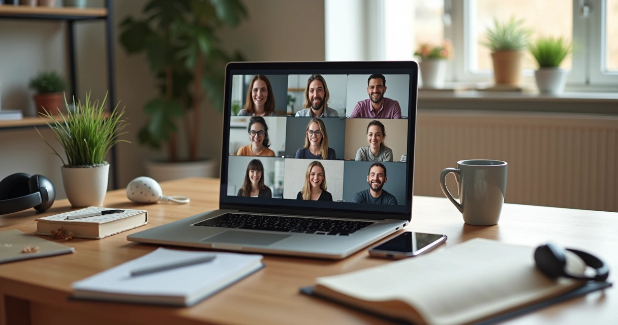 Time remoto em reunião por videochamada com foco em conexão humana 