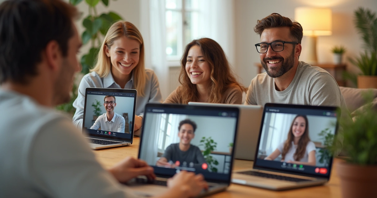 Pessoas em uma chamada de vídeo, sorrindo, mostrando telas de notebooks na frente, fundo claro de um ambiente doméstico e plantas ao fundo. 