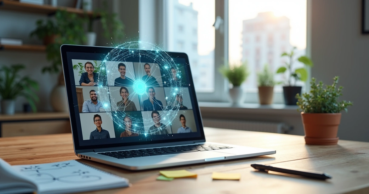 Equipe remota conectada em videoconferência com diagrama sistêmico ao centro 