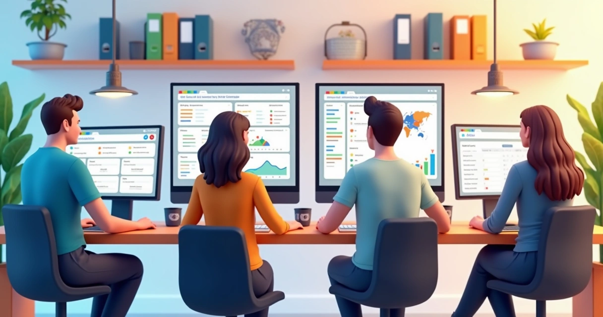 Equipe remota gerenciando tarefas em computadores 