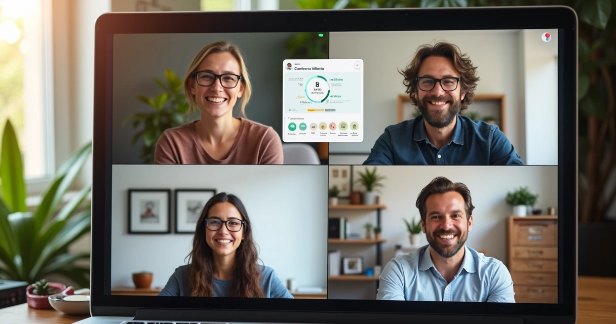 Time remoto discutindo OKRs em videoconferência com dashboards na tela 