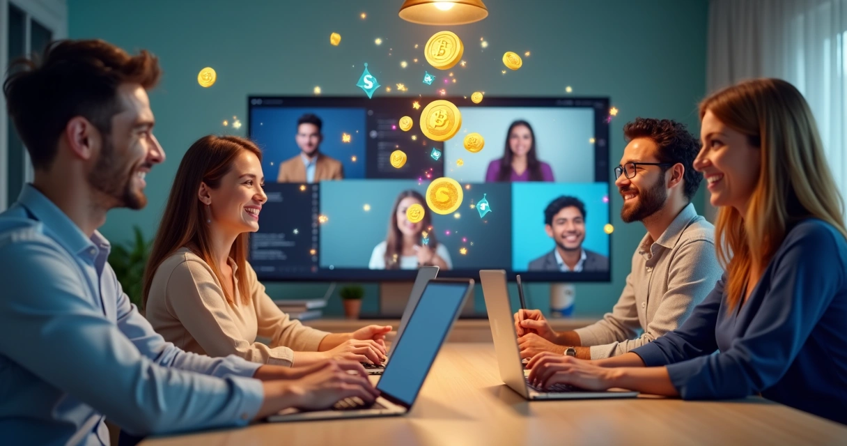 Equipe remota celebrando premiação digital em ambiente de trabalho online