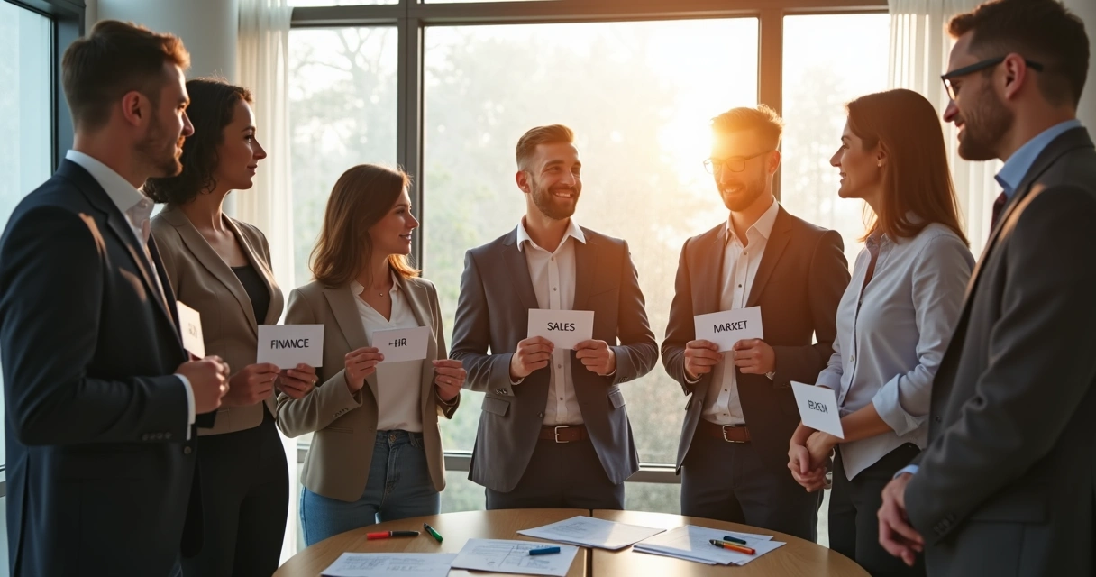 Grupo de pessoas representando áreas de uma empresa em círculo 