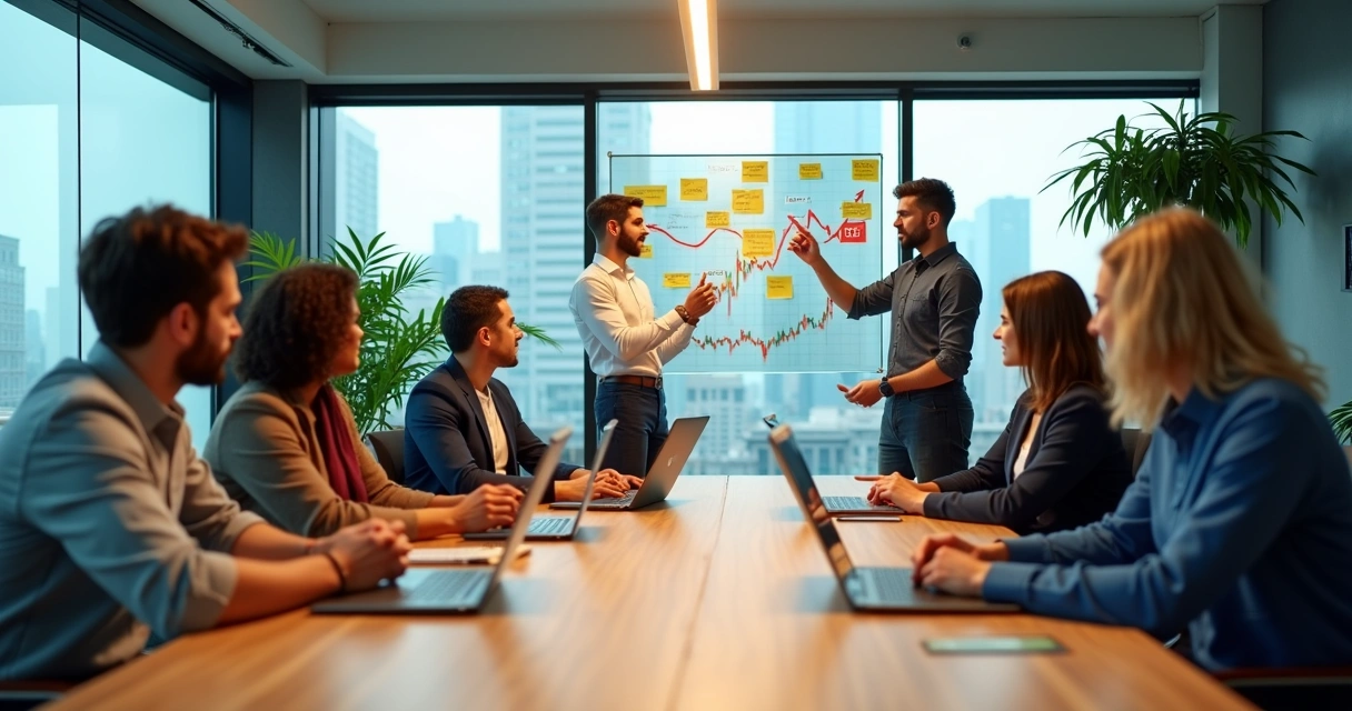 Equipe diversa em reunião colaborativa diante de um painel com setas e gráficos de mudança 