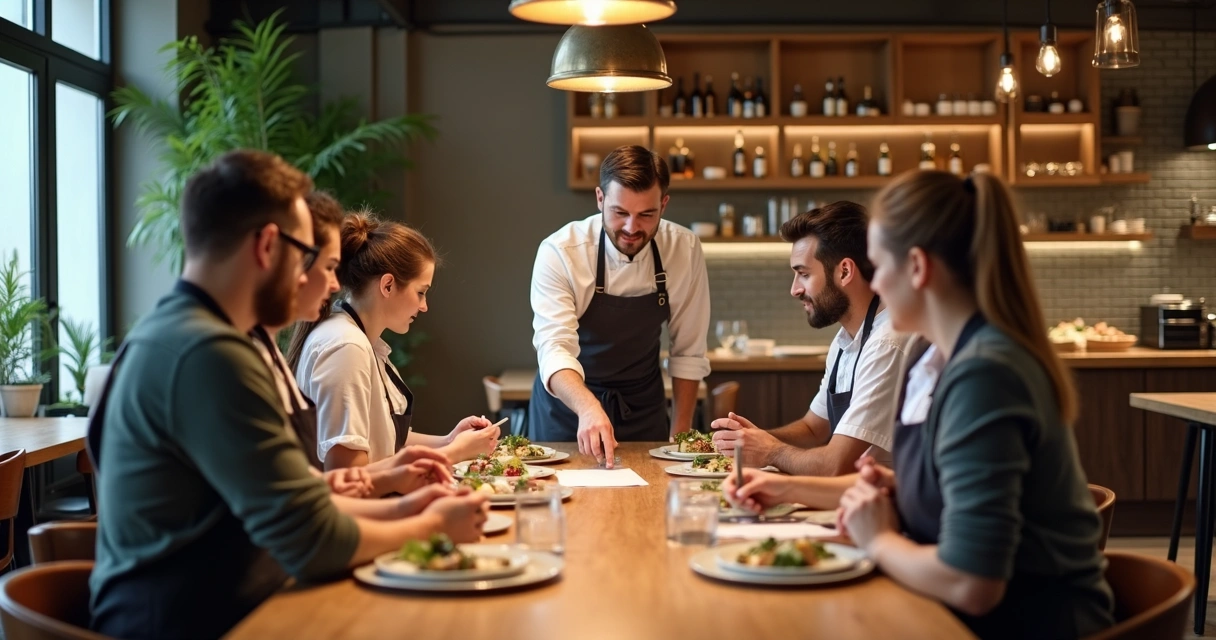 Equipe reunida ao redor de uma mesa de restaurante 