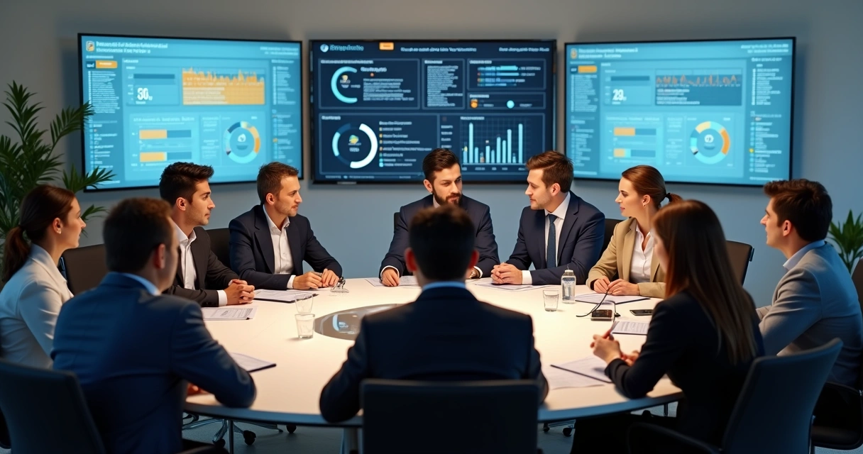 Gestores imobiliários apontando para gráficos preditivos em tela 