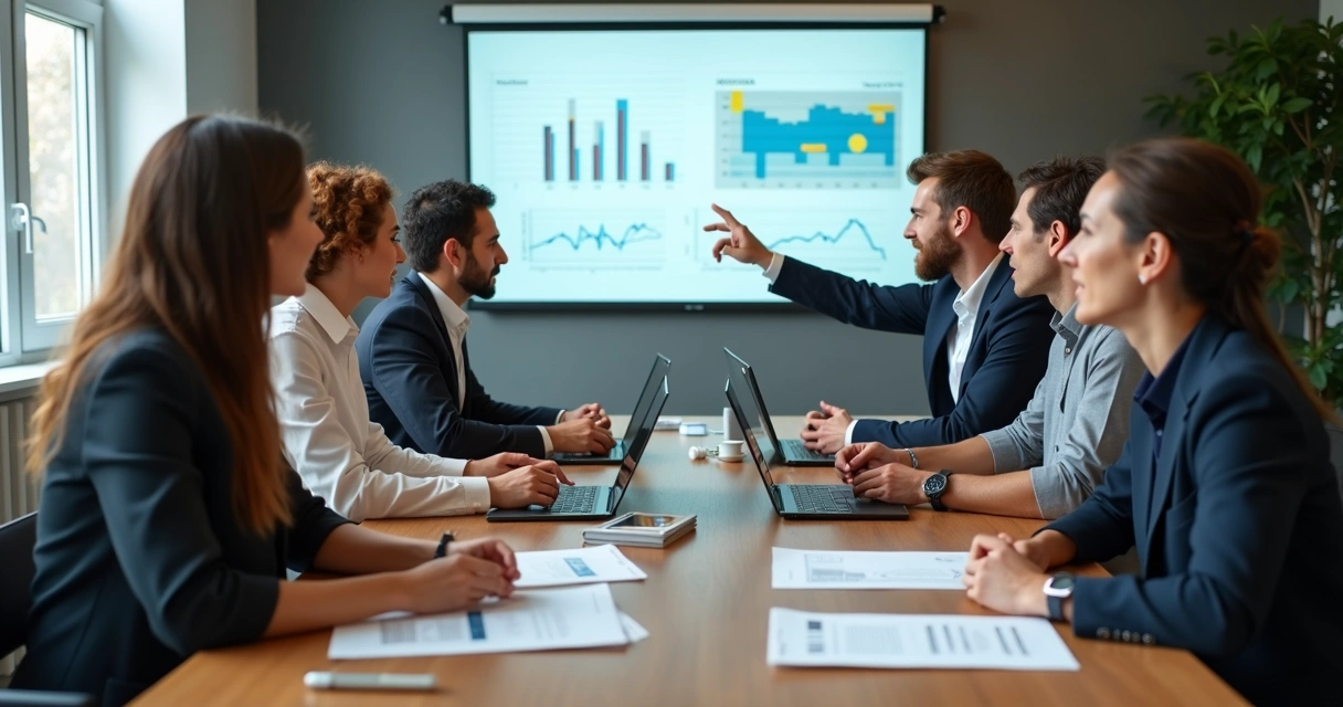 Grupo de pessoas em reunião discutindo gráficos e dados na mesa 