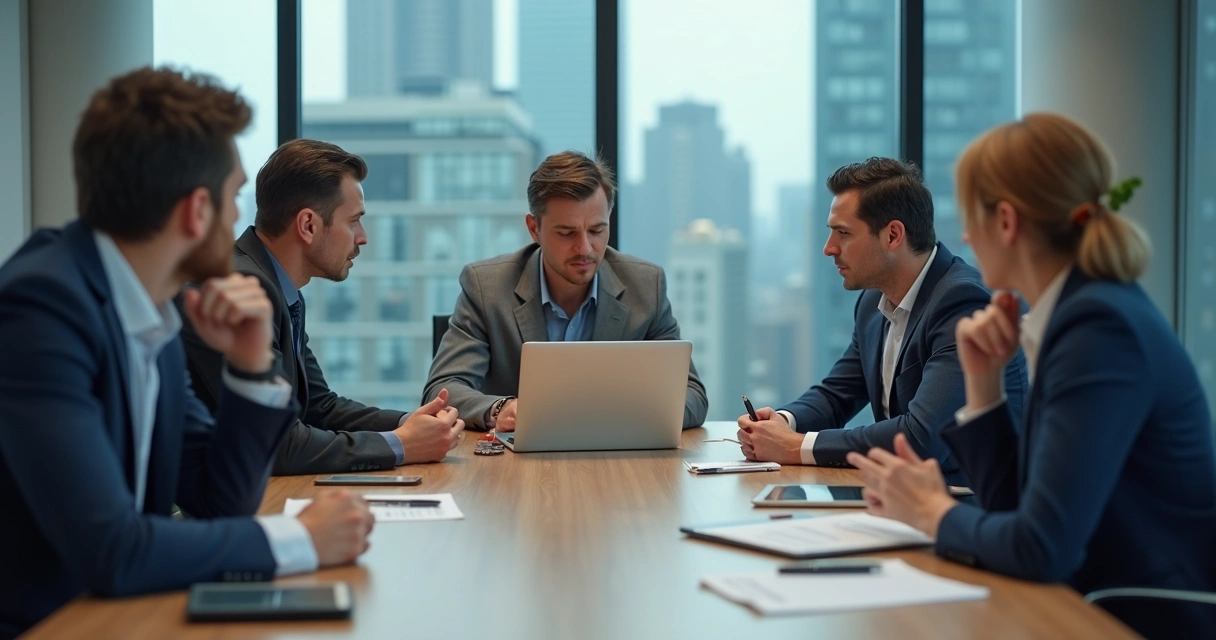 Reunião de time com membros demonstrando tensão sutil 