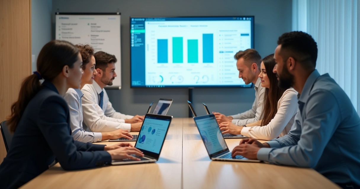 Reunião de equipe corporativa analisando evidências digitais de um treinamento online em uma mesa com notebooks 