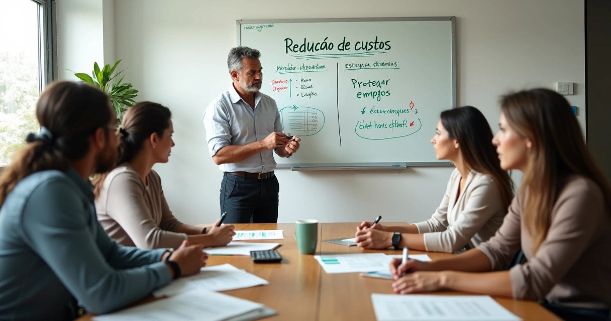 Dono de pequena empresa em reunião com equipe avaliando quadro de cortes de custos sem demissões 