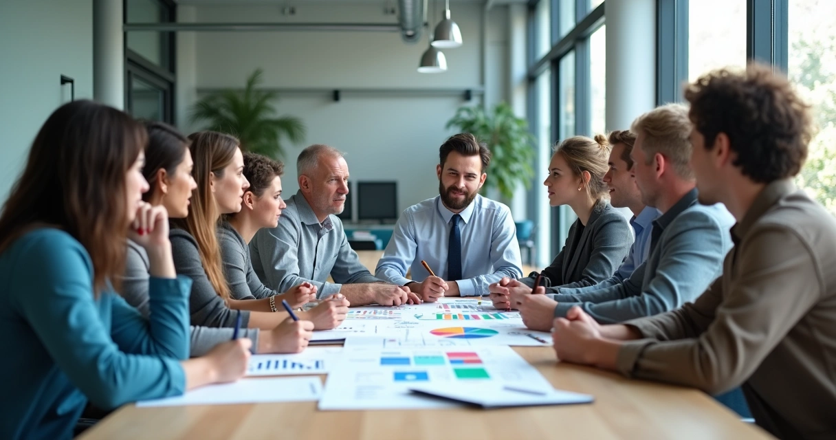 Equipe reunida em mesa de reunião analisando gráficos de crescimento 