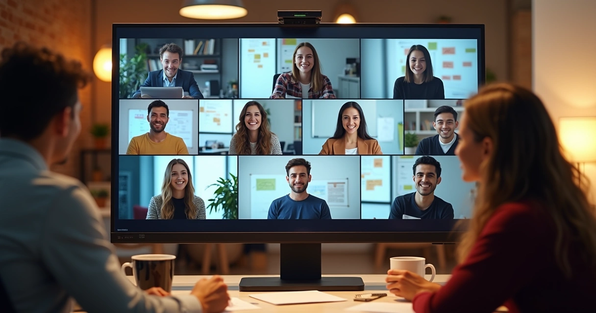 Time reunido em reunião digital com telas compartilhadas 