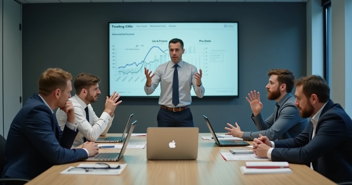 Equipe debatendo intensamente em reunião, expressando tensão 