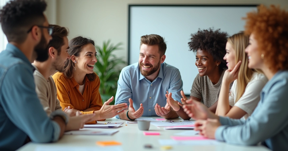 Equipe em reunião expressando emoções e ideias