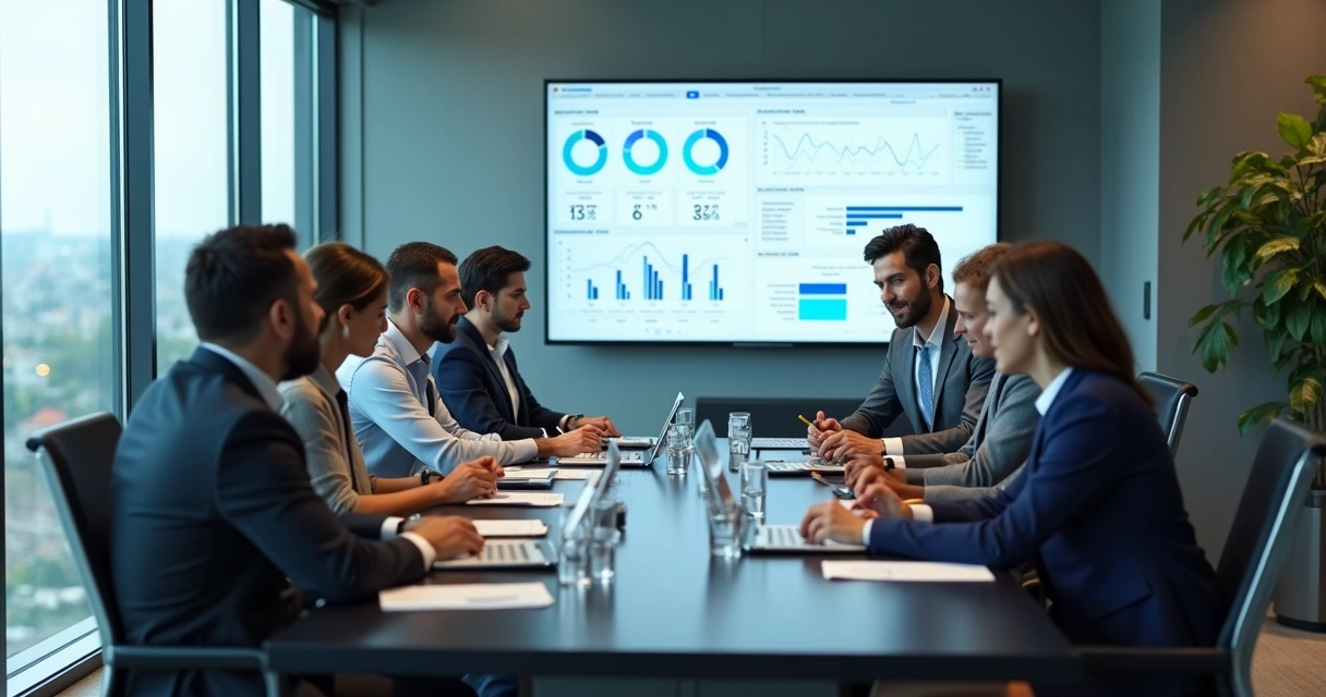 Equipe empresarial em reunião discutindo estratégias de marketing digital 