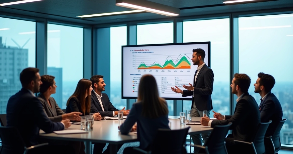 Equipe reunida discutindo estratégias de vendas com telas ao fundo 