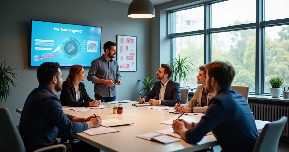 Time reunido em torno de mesa recebendo feedback de líder 