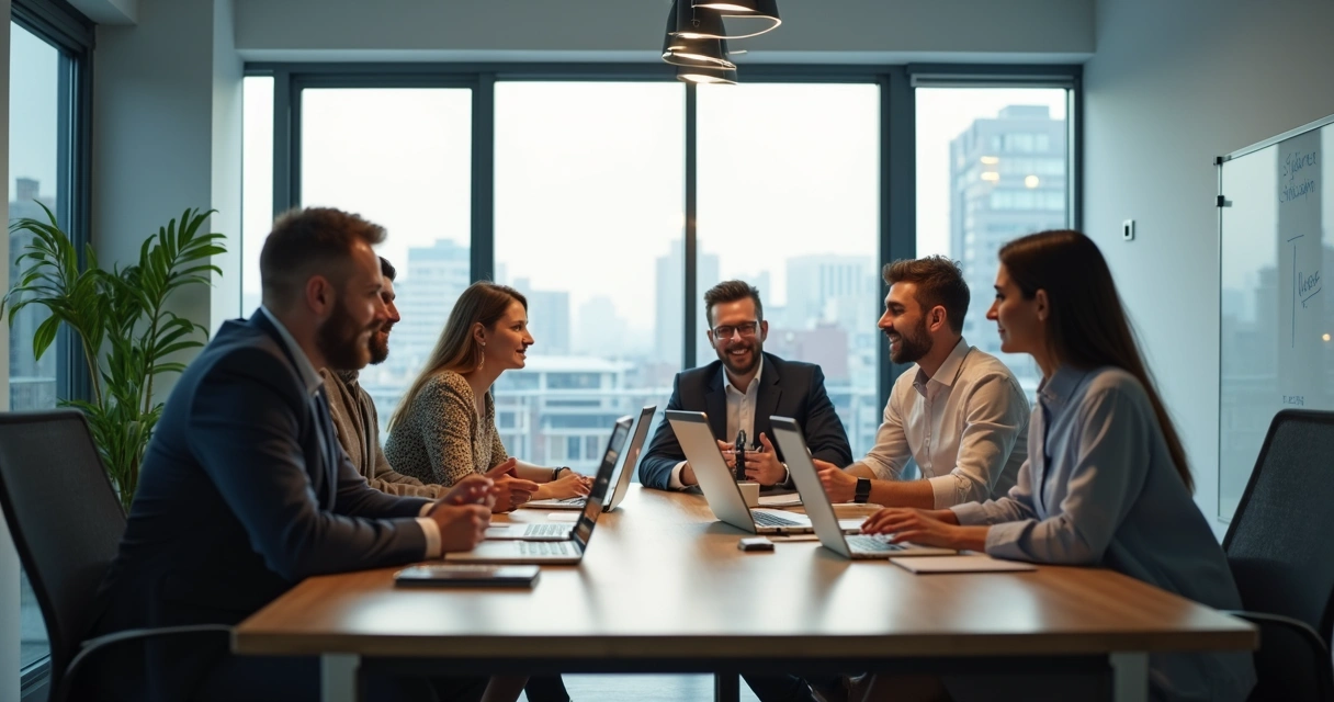 Equipe em reunião em sala moderna de coworking em Betim 