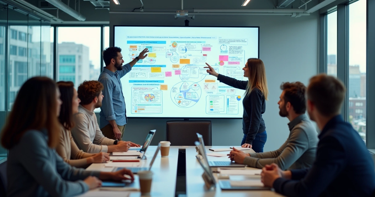 Equipe de agência digital reunida ao redor de uma mesa, discutindo estratégias em telas e quadros brancos