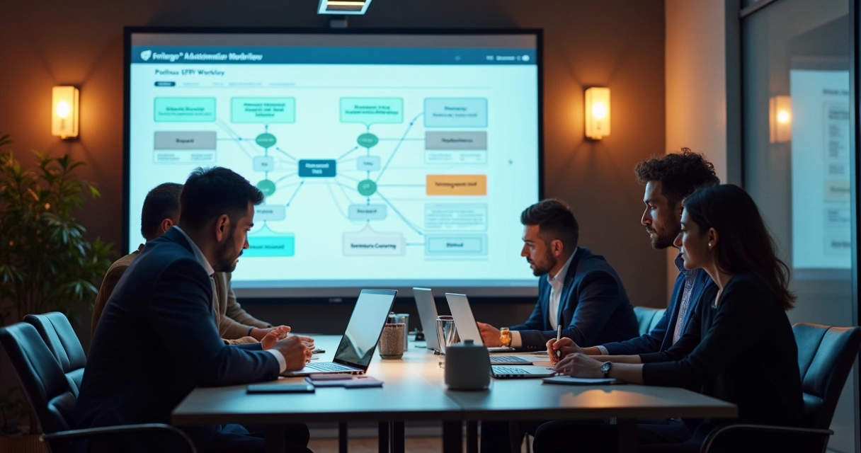 Equipe de tecnologia e negócios analisa fluxo de trabalho em mesa com notebooks e anotações 