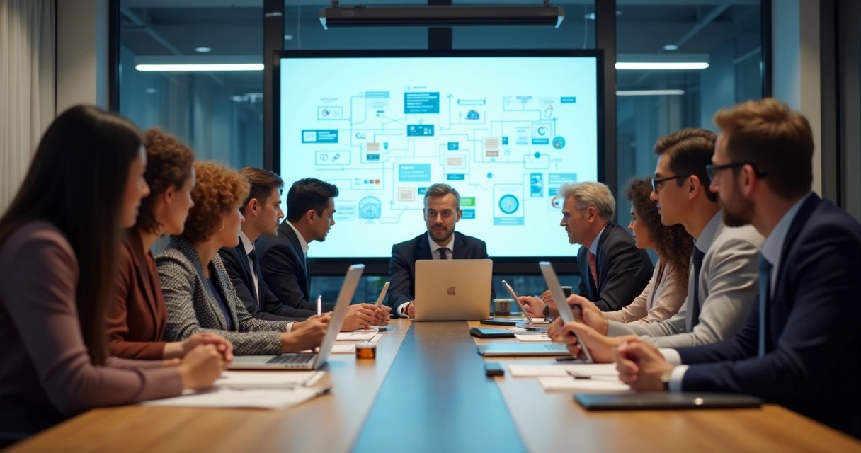 Equipe reunida em sala de reunião discutindo integração de sistemas 