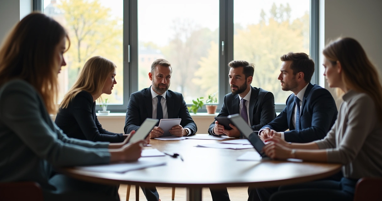 Grupo em reunião refletindo sobre decisões em ambiente de trabalho 