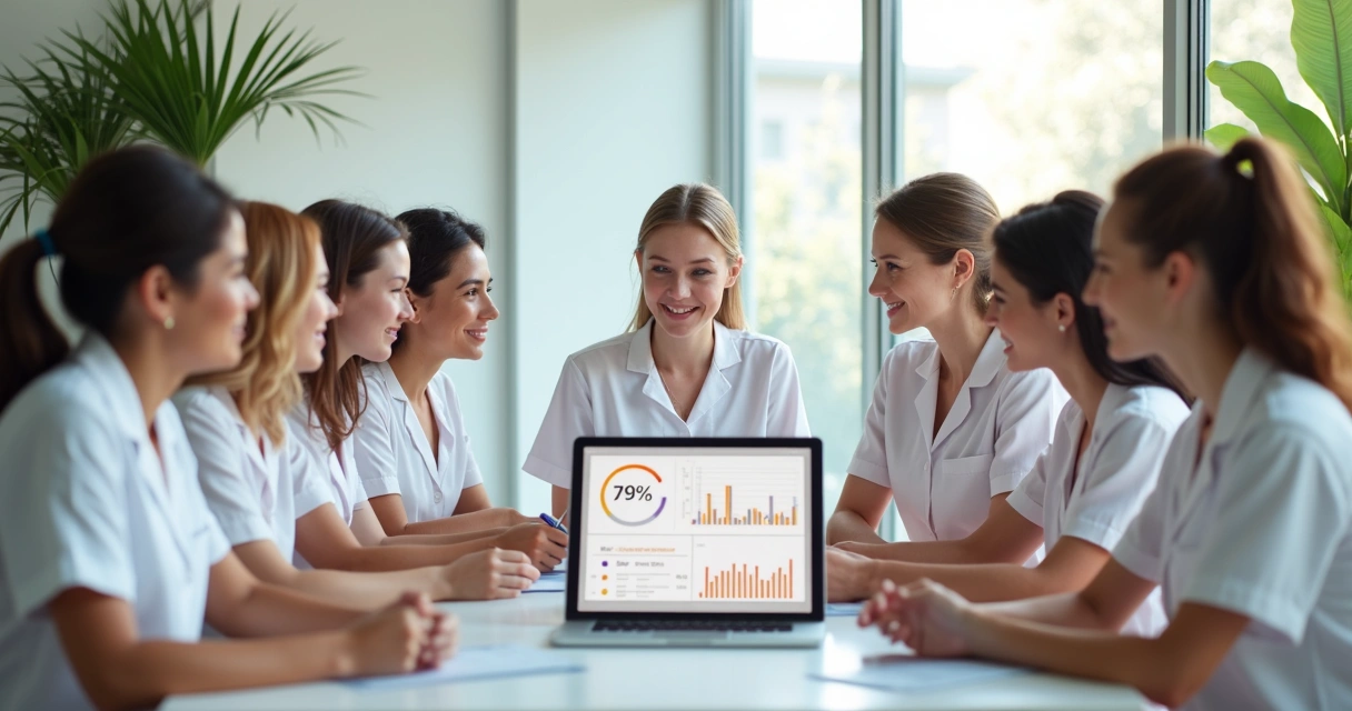 Equipe de clínica analisando relatório digital em reunião