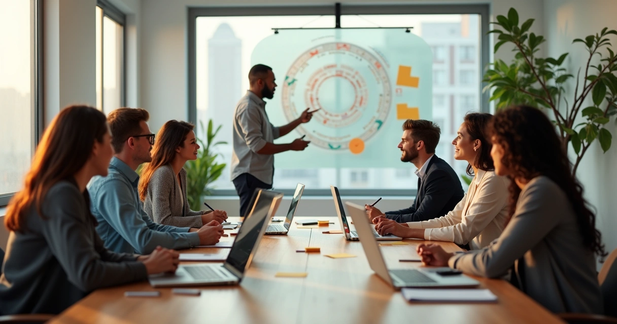 Equipe diversa em reunião colaborativa ao redor de mesa em escritório moderno 