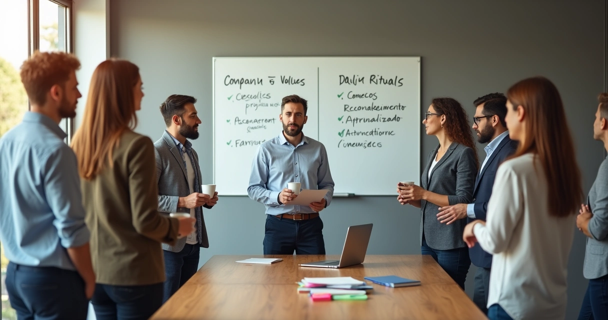 Lider guiando ritual de alinhamento com equipe em sala de reunioes moderna 