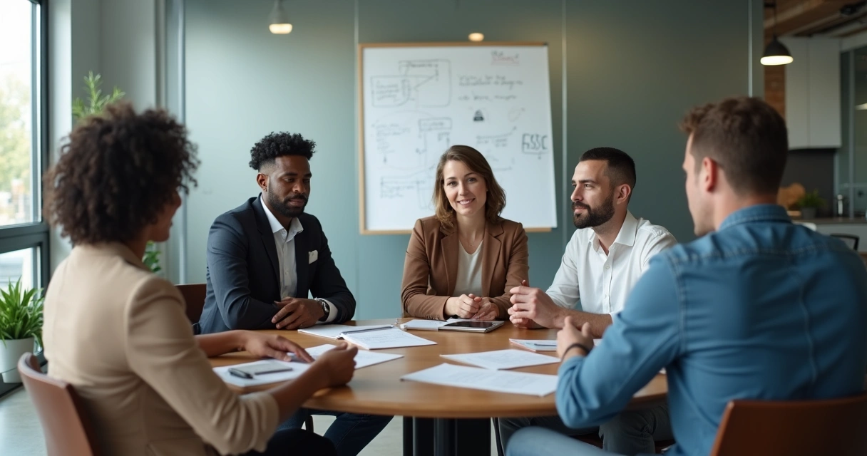 Equipe reunida em roda, discutindo com atenção mútua em ambiente de trabalho 