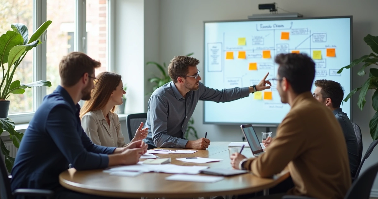Equipe reunida em uma sala, discutindo processos em lousa, mostrando colaboração 