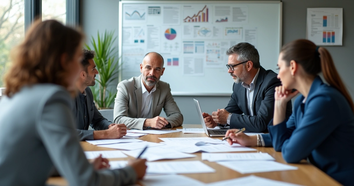 Equipe comercial reunida em mesa discutindo roteiro de vendas 