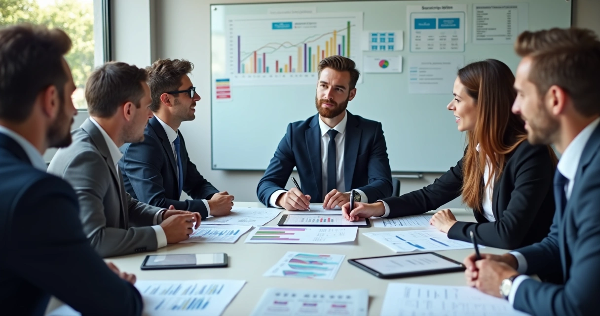 Equipe comercial reunida em mesa discutindo gráficos de vendas 