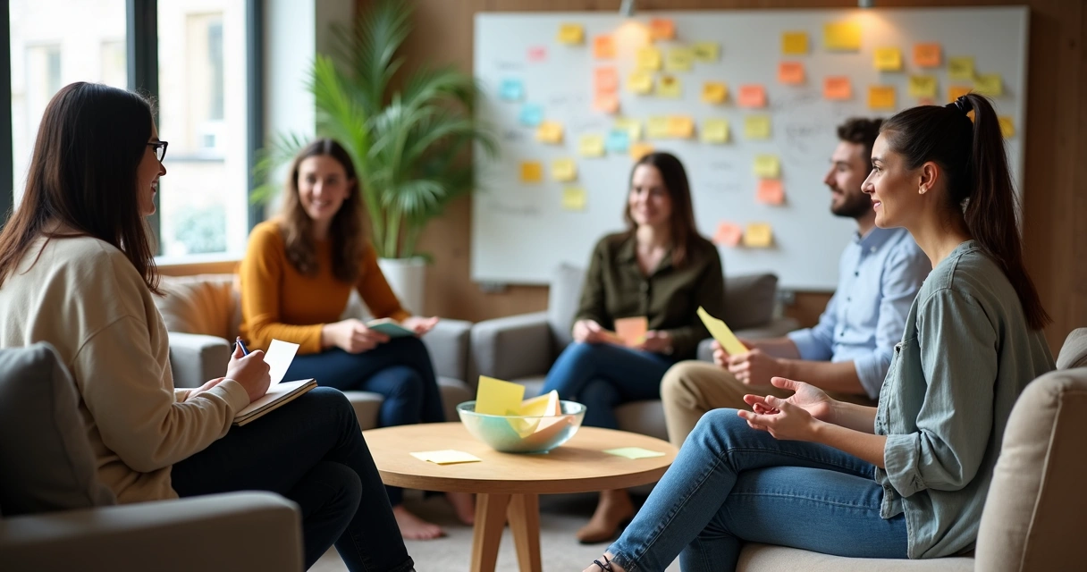 Grupo de colegas sentados em ciclo em escritório moderno compartilhando emoções em mural de cores 