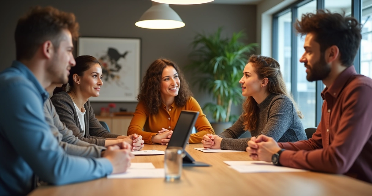 Equipes em reunião de trabalho com expressões serenas, discutindo ideias e soluções