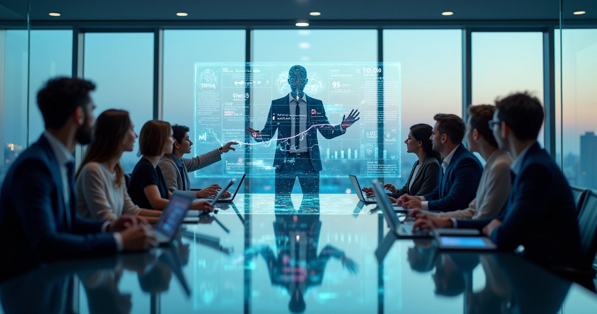 Equipe de negócios analisando painel holográfico com dados de marketing e vendas 