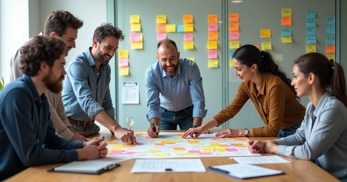 Equipe reunida ao redor de mesa cheia de post-its coloridos discutindo ideias de inovação 