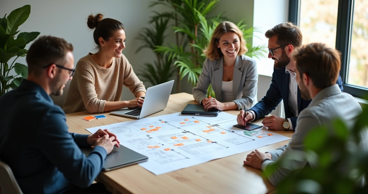 Equipe reunida decidindo sobre automações no pequeno negócio