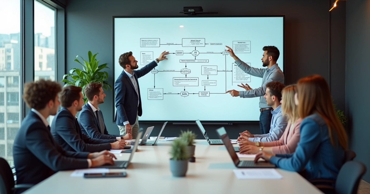 Equipe reunida planejando implantação de IA 