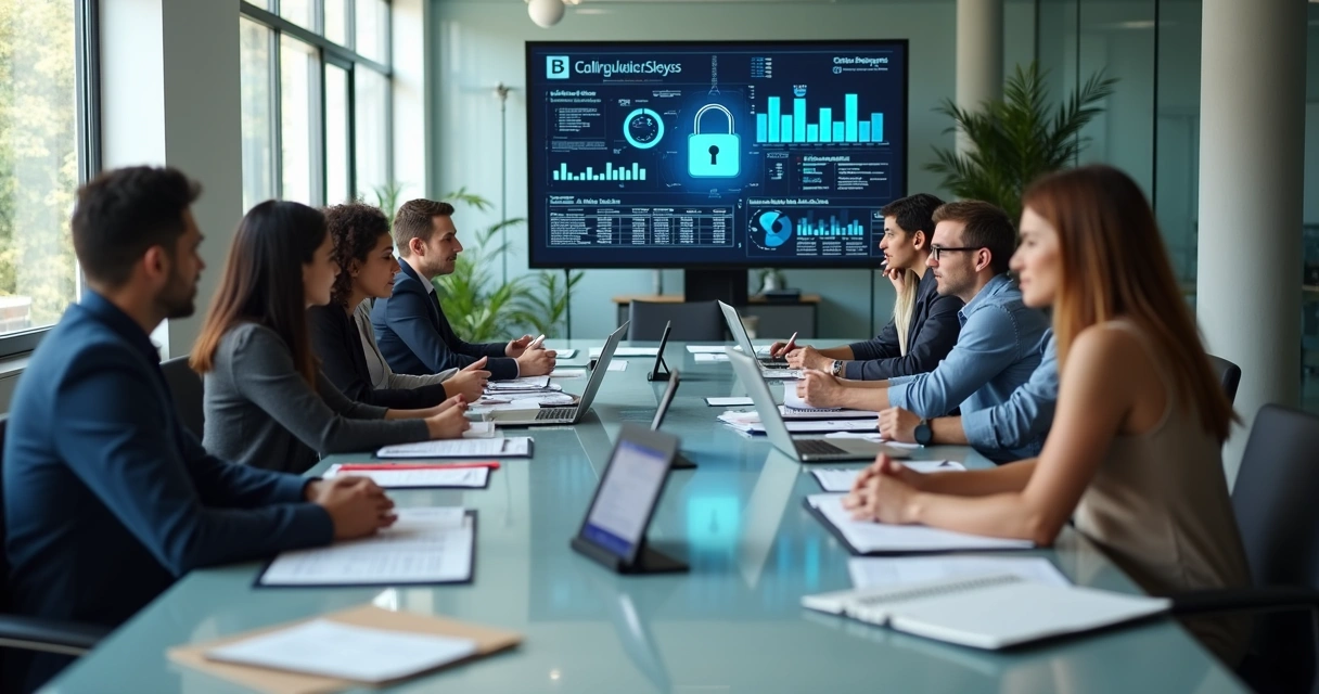 Equipe reunida traçando planos de governança de acesso 