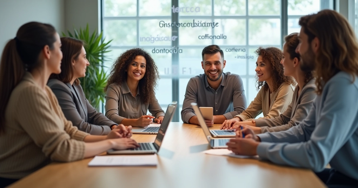 Equipe diversa em reunião discutindo responsabilidade emocional no trabalho 