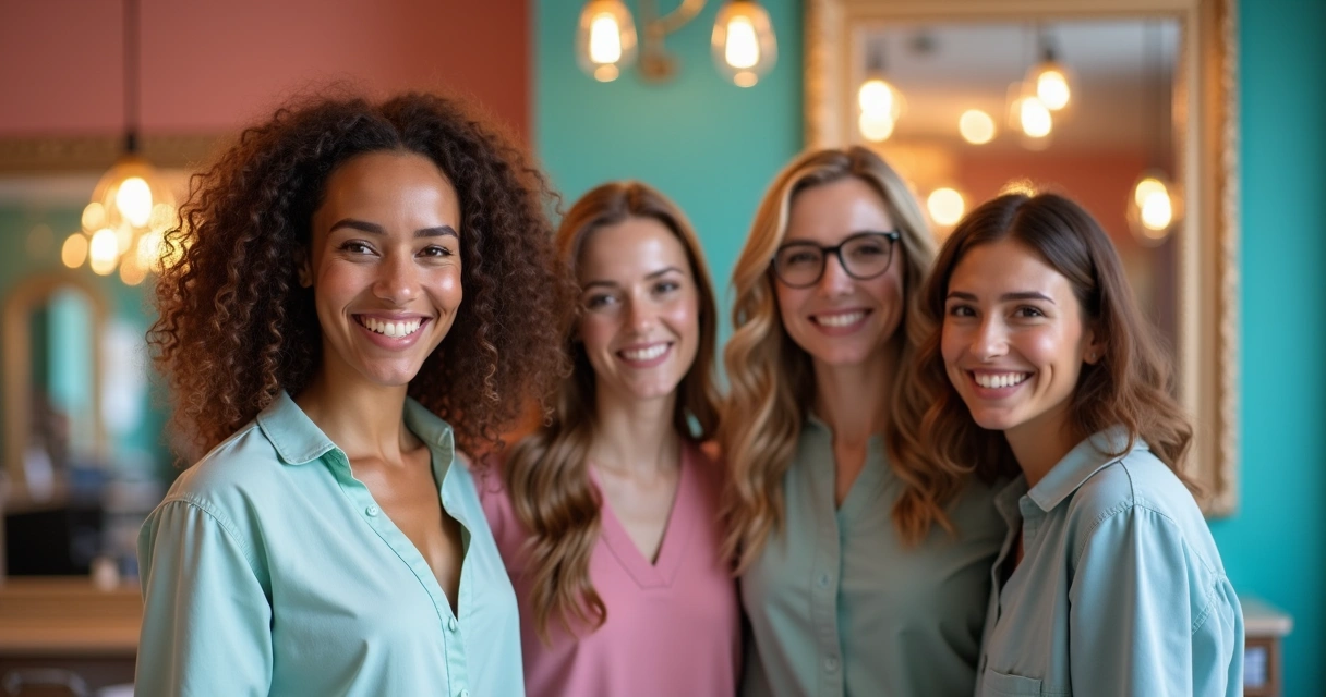Equipe de salão de beleza sorrindo e celebrando juntos em ambiente alegre 