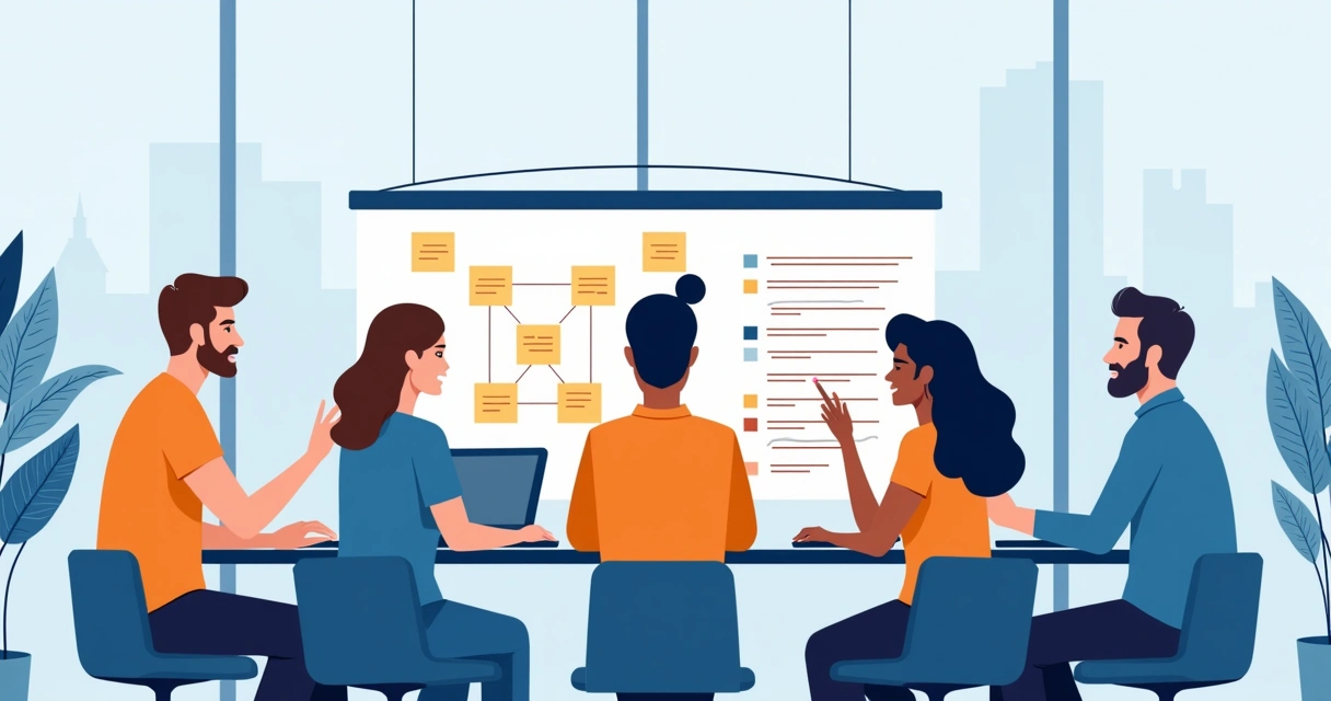 Equipe Scrum reunida ao redor de uma mesa planejando tarefas 