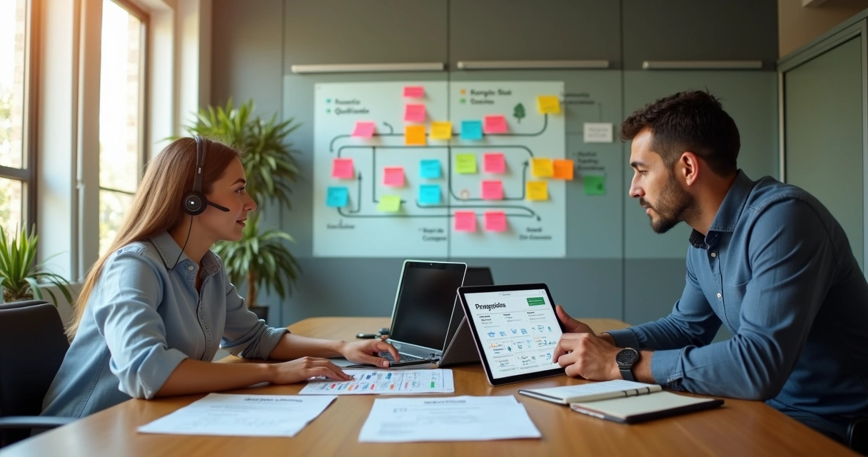 Time de SDR e closer alinhando processo comercial em mesa de reunião 