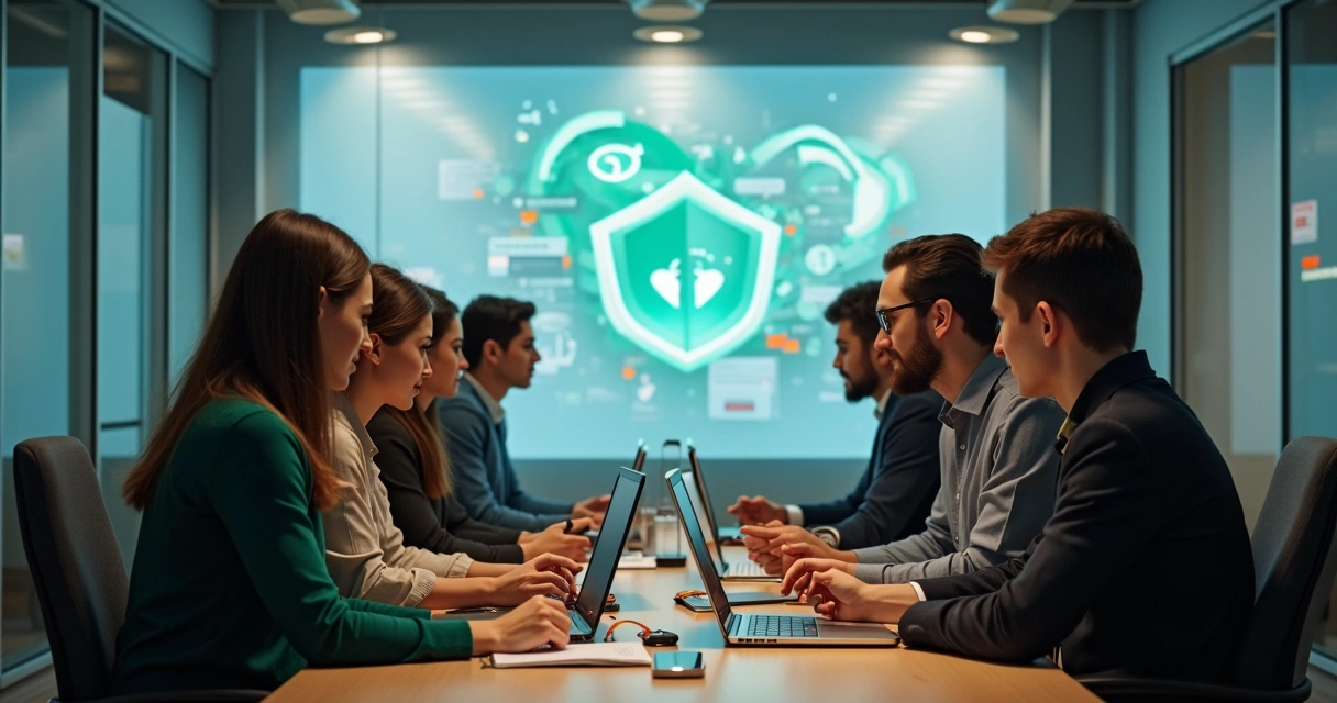 Equipe reunida em sala segura analisando dados no notebook 