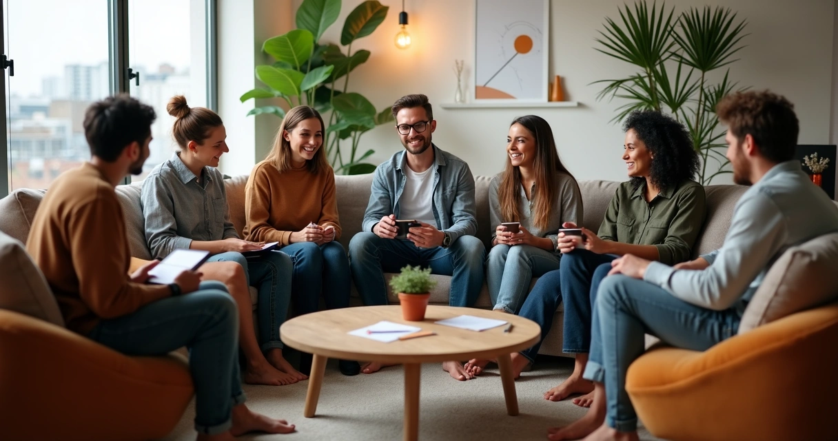 Equipe diversa sentada em sofá confortável em sala criativa de trabalho em conversa descontraída 